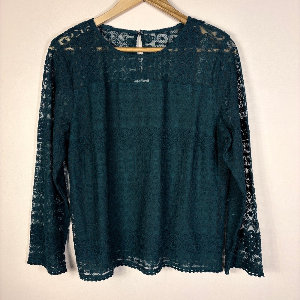 Garnet Hill Green Lace Long Sleeve Blouse Feminine Romantic